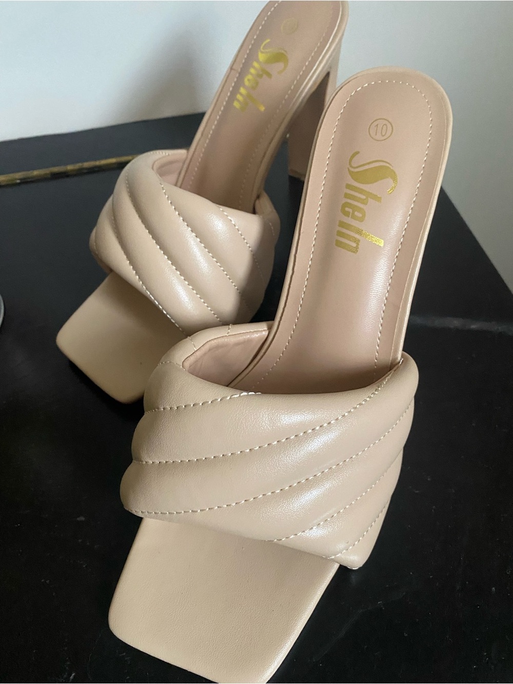 SHEIN Beige Quilted Square Toe High Heel Mules